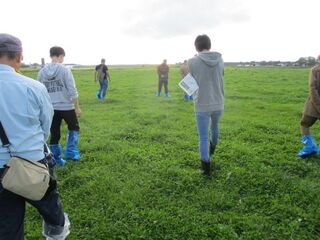 （株）宇野牧場で草地の管理方法を確認する会員